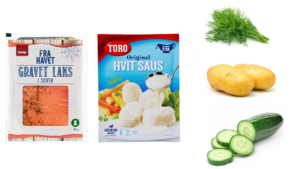 Gravlaks, hvitsauspose, dill, poteter, agurk.