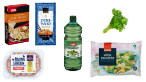 Ris, wok-saus, kyllingstrimler, olje, koriander, wok-grønnsaker.
