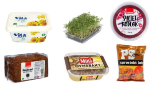 Margarin, karse, syltet løk, rugbrød, leverpostei, sprøstekt løk.