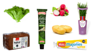 Salatblader, reddiker, gressløk, poteter, rugbrød, majones, pepperrot i tube.