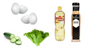 Egg, olje, salat, agurk, salatdressing.