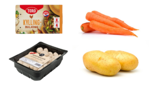 Buljongterninger, soddboller, gulrøtter, poteter.