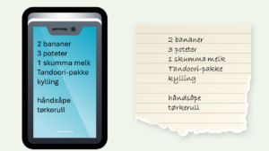 Handleliste på mobil og lapp.