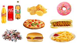 Brus, potetgull, smultring, pizza, pølse i brød, godteri, hamburger, pommes frites.