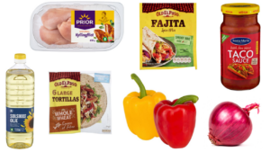 Kyllingfilet, krydderblanding, salsaglass, oljeflaske, tacolefser, to paprikaer, rødløk.