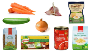 Gulrøtter, squash, hvitløk, løk, pasta, buljongterninger, parmesanost, tomatboks, bønneboks.