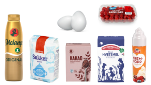 Melange, sukker, kakao, egg, hvetemel, bringebær, kremtopping.