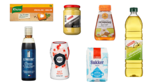 Buljongterninger, sennep, honning, balsamicosaus, salt, sukker, olje.