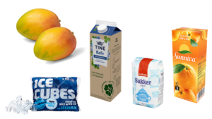 Mangoer, isbiter i pose, kefir, sukker, appelsinjuice.