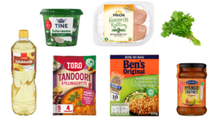 Solsikkeolje, seterrømme, koriander, tandoorikrydderpose, rispakke, mango chutney.