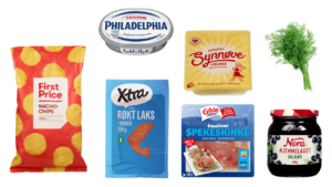 Nachos-pose, Philadelphia-ost, gulost, røkt laks, spekesinke, dill, solbærsyltetøy.
